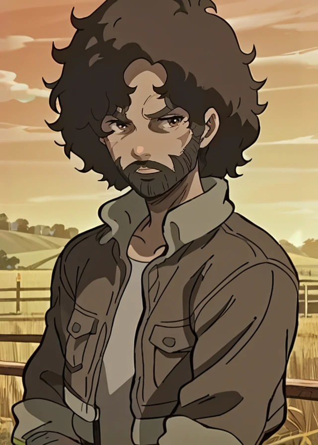 score_9, score_8_up, score_7_up, score_6_up, score_5_up,   megalobox, gearlessjoe, ai01814
farm, barns and silos, working fields, rural at dusk,
solo, 
cropped shoulders, brown hair, bomber jacket, beard
 <lora:Megalobox_ã¡ã¬ã­ãã¯ã¹_Megarobokusu_-_YÅ_Moriyama:1>  <lora:Gearless_Joe_-_PonyXL:1>