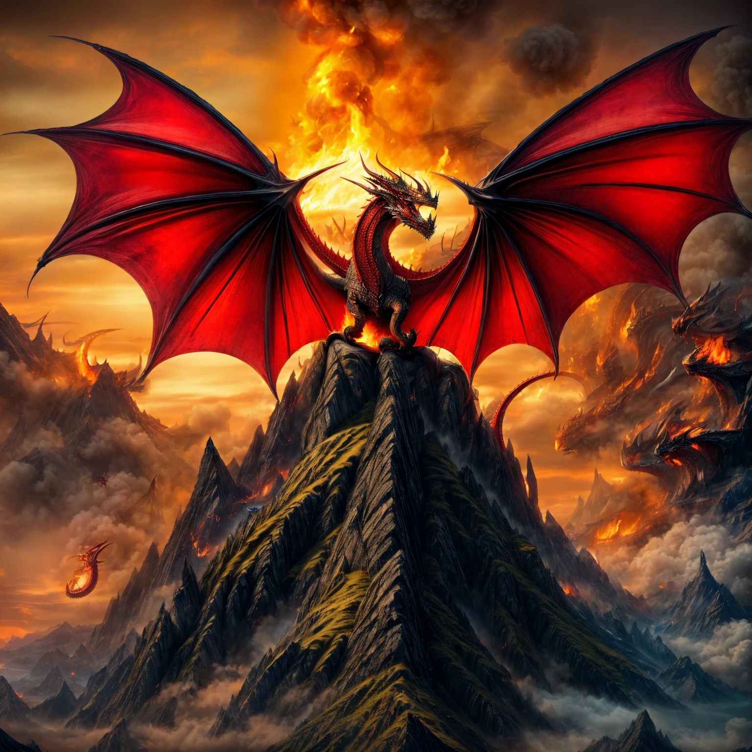 Role-playing game (RPG) style fantasy red dragon, flying, winged dragon, <lora:firelap:0.8>, elementalplanefire, <lora:more_details:0.6>, high quality, highres, masterpiece, best quality, 8k, intricate, detailed, <lora:add_detail:0.6>, very detailed . Detailed, vibrant, immersive, reminiscent of high fantasy RPG games