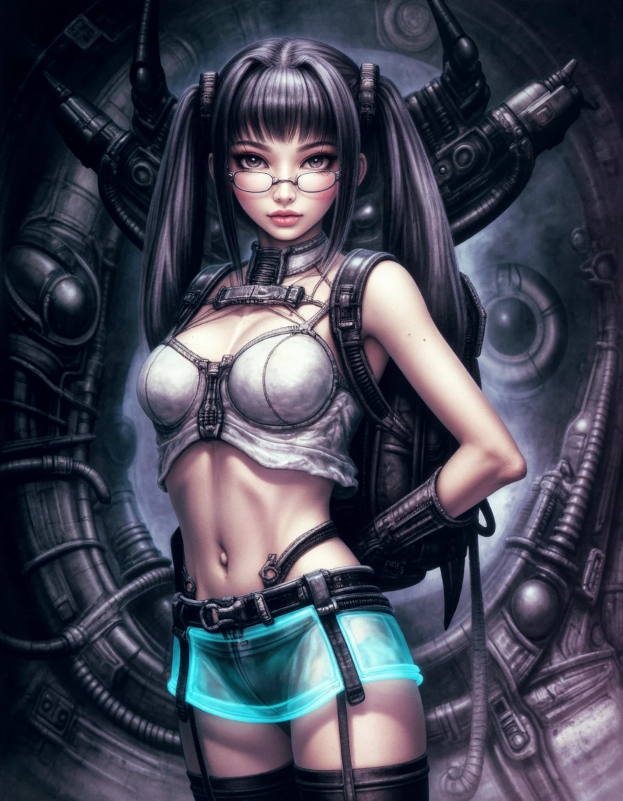 g1ger 1girl, solo, asian, glasses, backpack, translucent neon skirt with black thong underneath, pigtails, neon thigh highs, big tits, eyeliner , nude, 25 years old gorgeous supermodel kpop show ass woman bdsm rope arms tied behind back melding with a machine