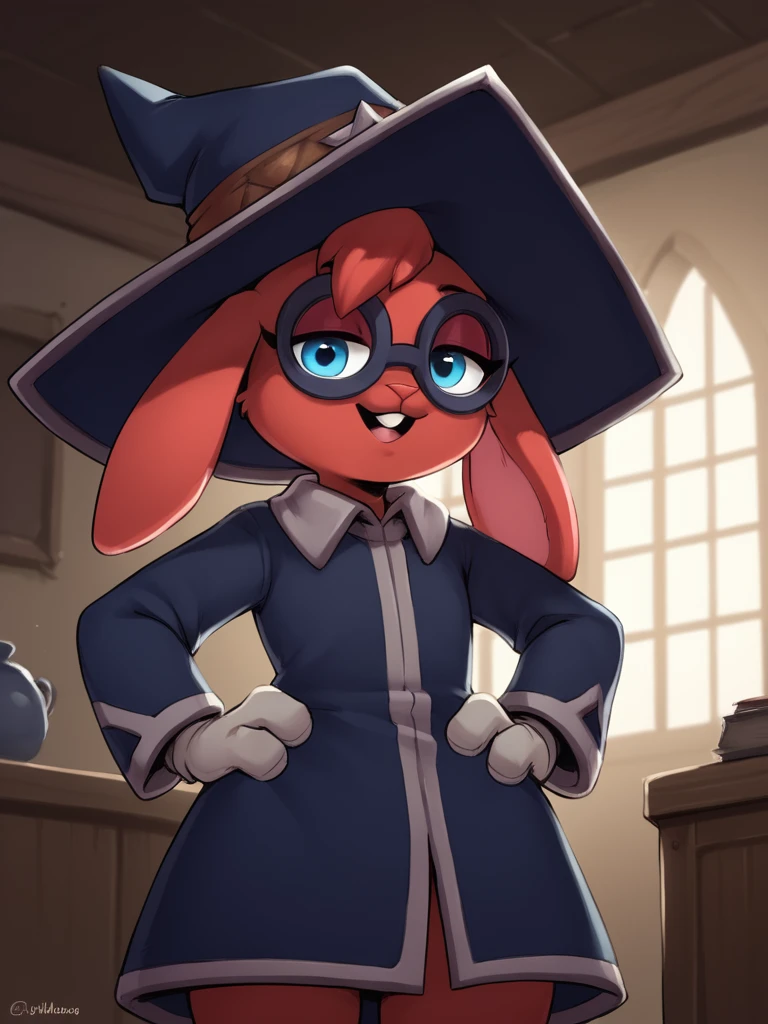 score_9, score_8_up, score_7_up, score_6_up, score_5_up, score_4_up, indoors, livingroom, moji, leipori, rabbit, red, skin, red fur, glasses, gloves, blue eyes, 1girl, 3 fingers, witch hat, close-up, cowboy shot, happy eyes, hands on hips