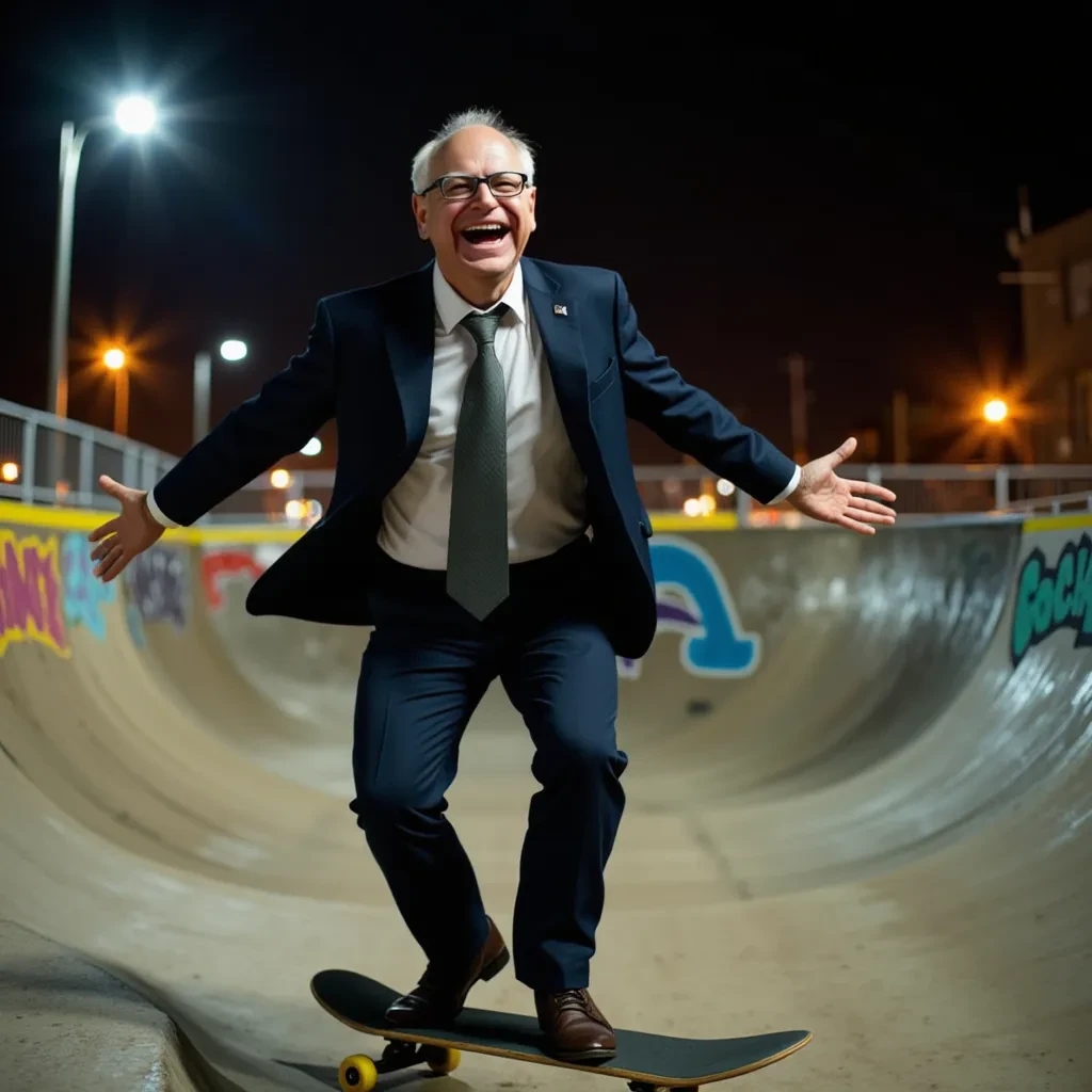 A photo of Tim Walz,

Subject: Tim Walz

Appearance: Wearing a business suit jacket over a casual collared shirt, black-rimmed prescription reading glasses, and a slightly loosened tie.

Pose and Action: Skateboarding inside a concrete skate bowl, similar to an empty swimming pool, in a downtown Minnesota skatepark at night. He’s riding the skateboard with a smile, looking happy and relaxed.

Setting: A busy downtown Minnesota skatepark at night, with a gritty, urban atmosphere. The skatepark is filled with Middle Eastern thugs and gang members in the background, some visibly carrying guns, creating a tense and edgy vibe.

Background: The skatepark is surrounded by graffiti-covered concrete walls, with streetlights casting chiaroscuro lighting from above, creating deep shadows and stark contrasts. The sky is dark, with only the dim light from the streetlights illuminating the scene.

Lighting: Dark with chiaroscuro lighting; streetlights provide minimal illumination, creating a dramatic, moody effect with strong contrasts between light and shadow.

Mood/Atmosphere: A mix of contrasting emotions—Tim Walz’s happiness contrasts with the gritty, dark, and dangerous urban environment, highlighting a surreal juxtaposition of innocence and menace.