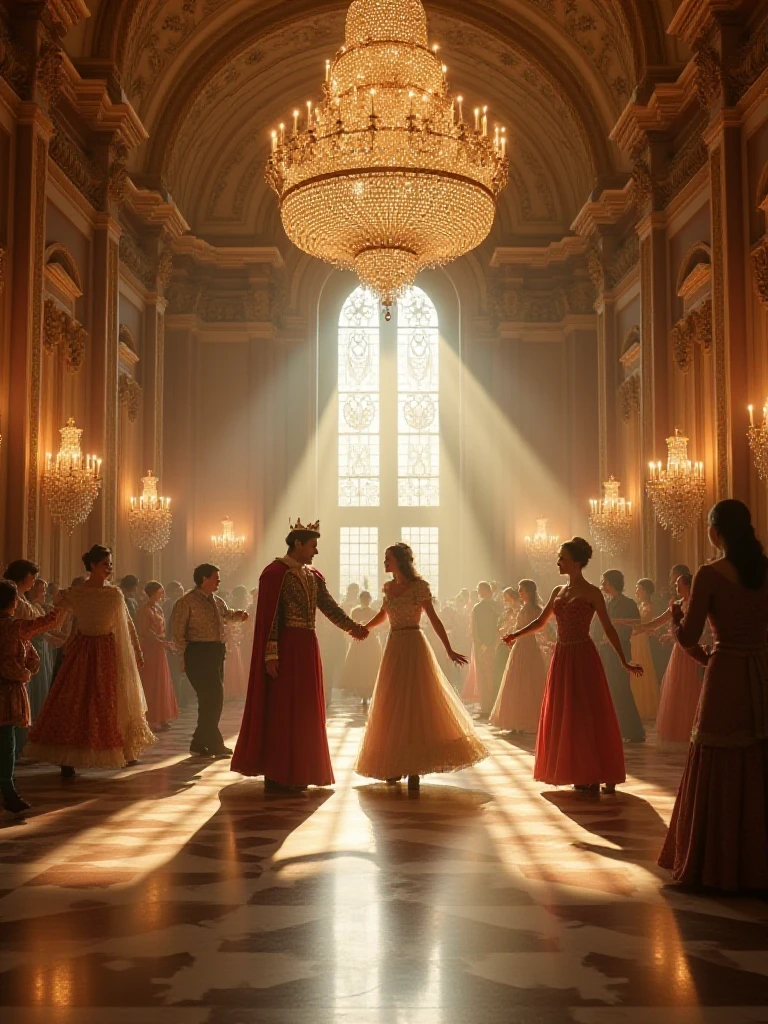 A grand ballroom inside a lavish palace, lit by a massive chandelier hanging from the ornate ceiling. Nobles dressed in elegant, period clothing waltz across the polished marble floor, their movements graceful and synchronized. At the center, a king and queen dance with regal grace, while a mischievous jester entertains children nearby with playful tricks and acrobatics. , xplus  <lora:XPlus_fairy_v1:1>