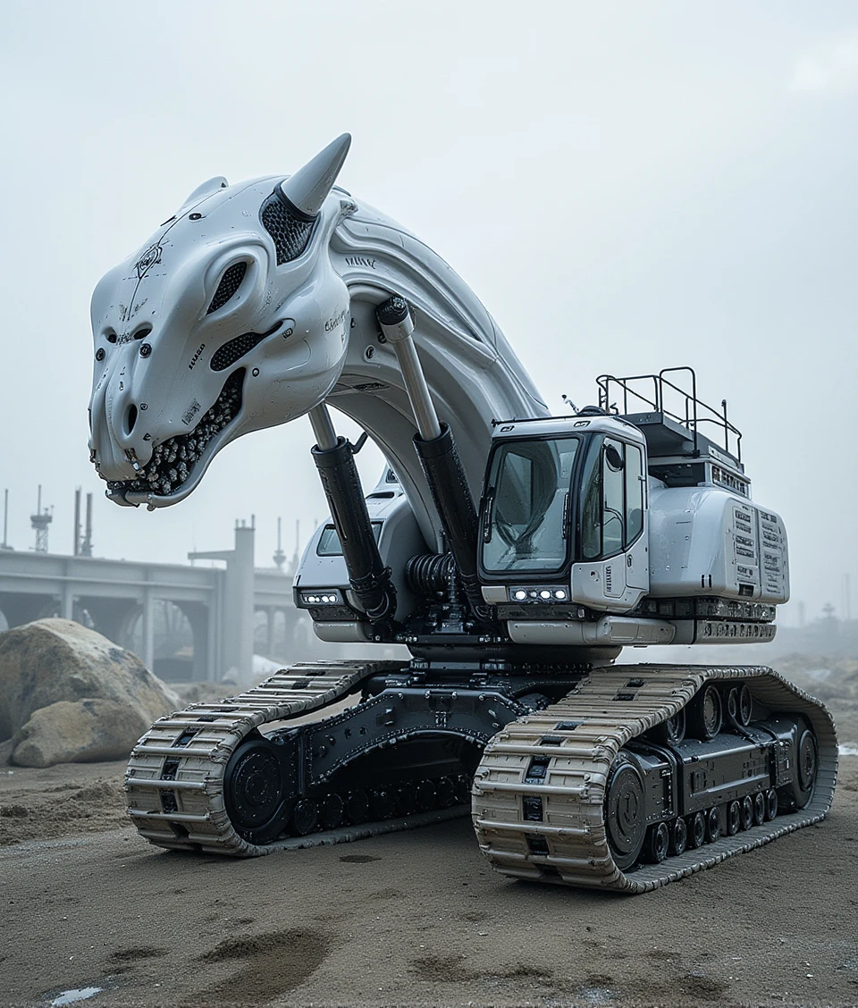 mechwhite,an excavator created by biotechnology,is working on construction site,