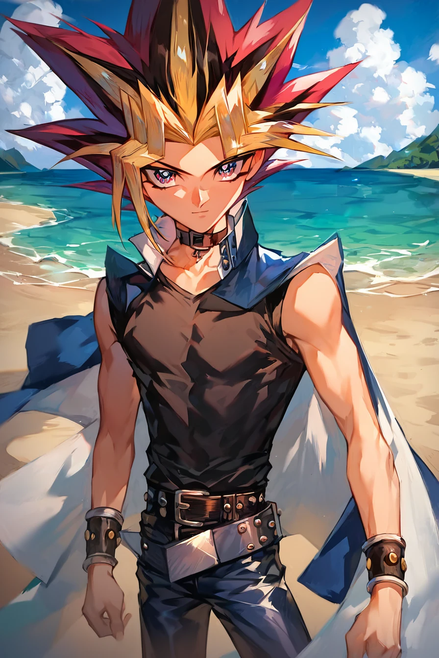 score_9, score_8_up, score_7_up, score_6_up, score_5_up, score_4_up, <lora:Yami_Yugi_Pony-000008:0.9>, yami yugi, black hair, blonde hair, multicolored hair, spiked hair, black shirt,  sleeveless shirt, choker,  bracelet, belt, pants, 1boy, standing, alone, looking at the viewer, masterpiece, highres, highly detailed face, highly detailed shining eyes, symmetrical highly detailed eyes, entire body, legs, beach, sand, sea