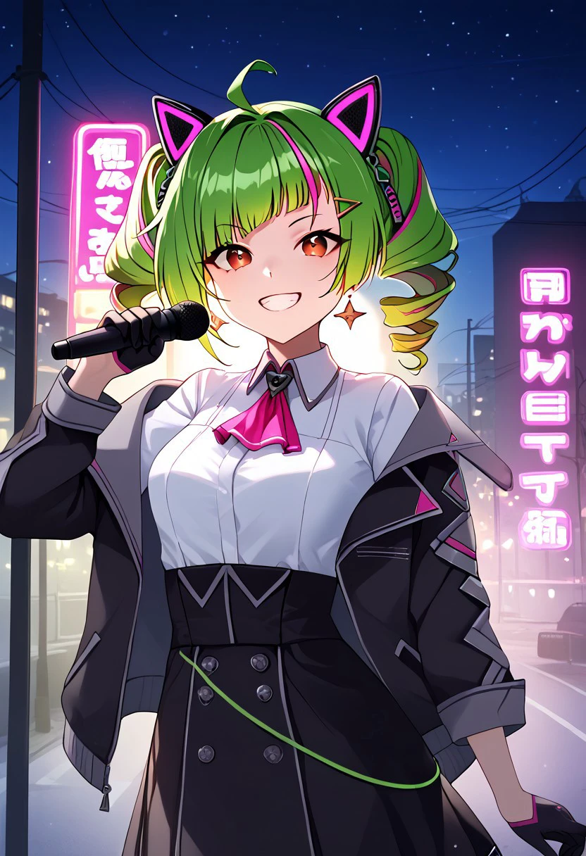 1girl, solo, highres, Delu2nd, green hair, multicolored hair, drill hair, twin drills, streaked hair, ahoge, red eyes, bangs, animal ears, twintails, pink hair, hair ornament, jewelry, earrings, fake animal ears, diagonal bangs,
shirt, white shirt, gloves, black gloves, skirt, collared shirt, black skirt, ascot, jacket, black jacket, open jacket,
looking at viewer, grin, holding microphone, posing,
night, night sky, street, neon lights, utility pole, power lines, lamppost, backlighting,