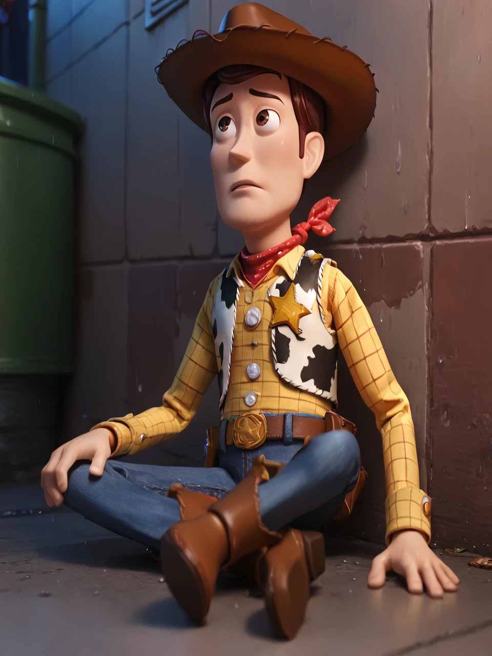 score_9, score_8_up, score_7_up, score_6_up, BREAK, ToyWoody, solo, 1boy, brown eyes, brown hair, cowboy hat, yellow shirt, cowboy boots, red bandana, jeans, holster, sheriff badge, vest, looking up, night, sad face, rain, sitting, alley, lean on wall <lora:Woody_Sheriff-000009:1>