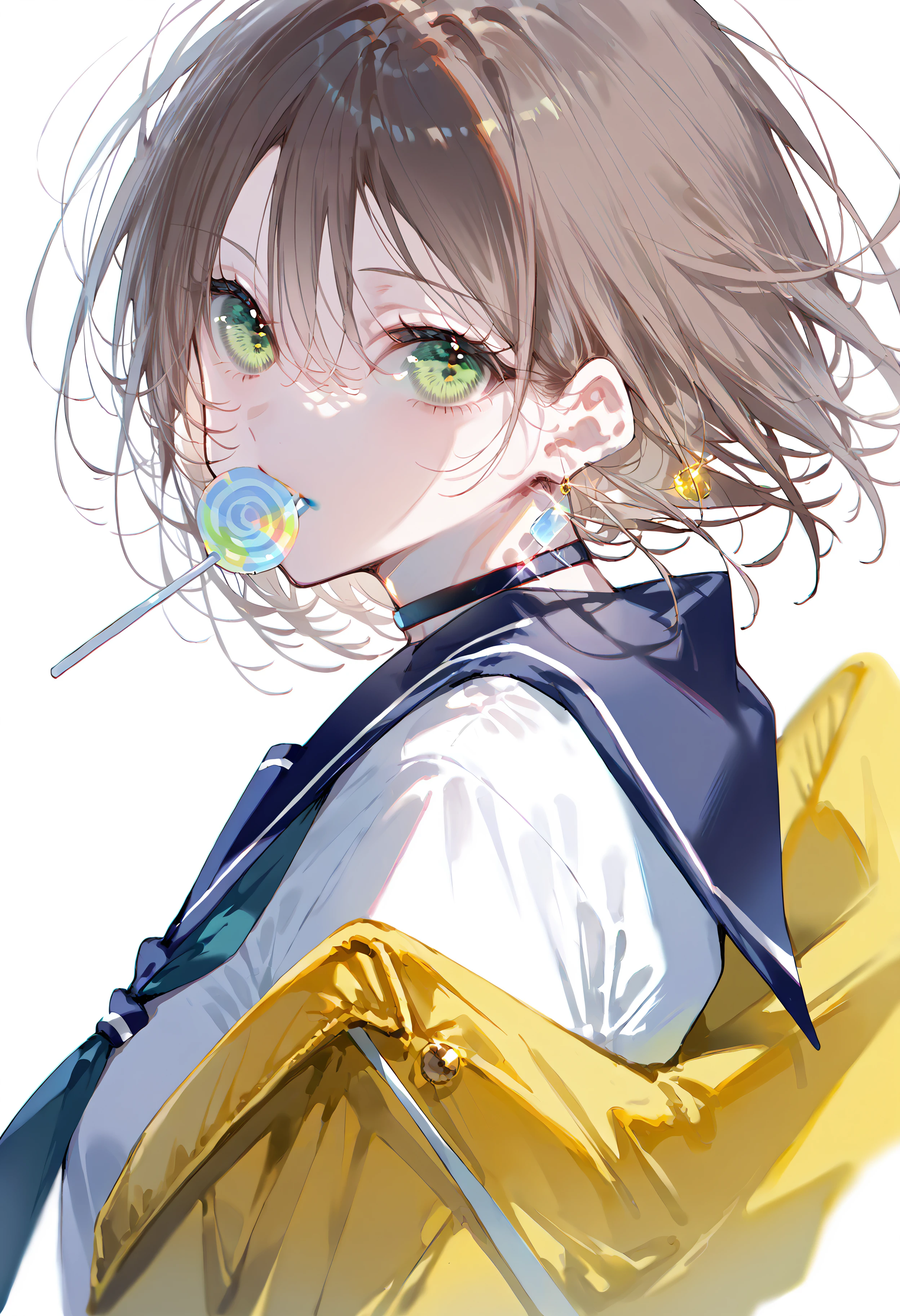 score_9, score_8_up, score_7_up, best quality, source_anime BREAK, ragragko, 1girl, green eyes, candy, lollipop, looking at viewer, food in mouth, black choker, white background, brown hair, blue sailor collar, earrings, jewelry, school uniform, short hair, upper body, simple background, yellow jacket, white shirt, serafuku, looking back, hair between eyes, <lora:ragragko:1>