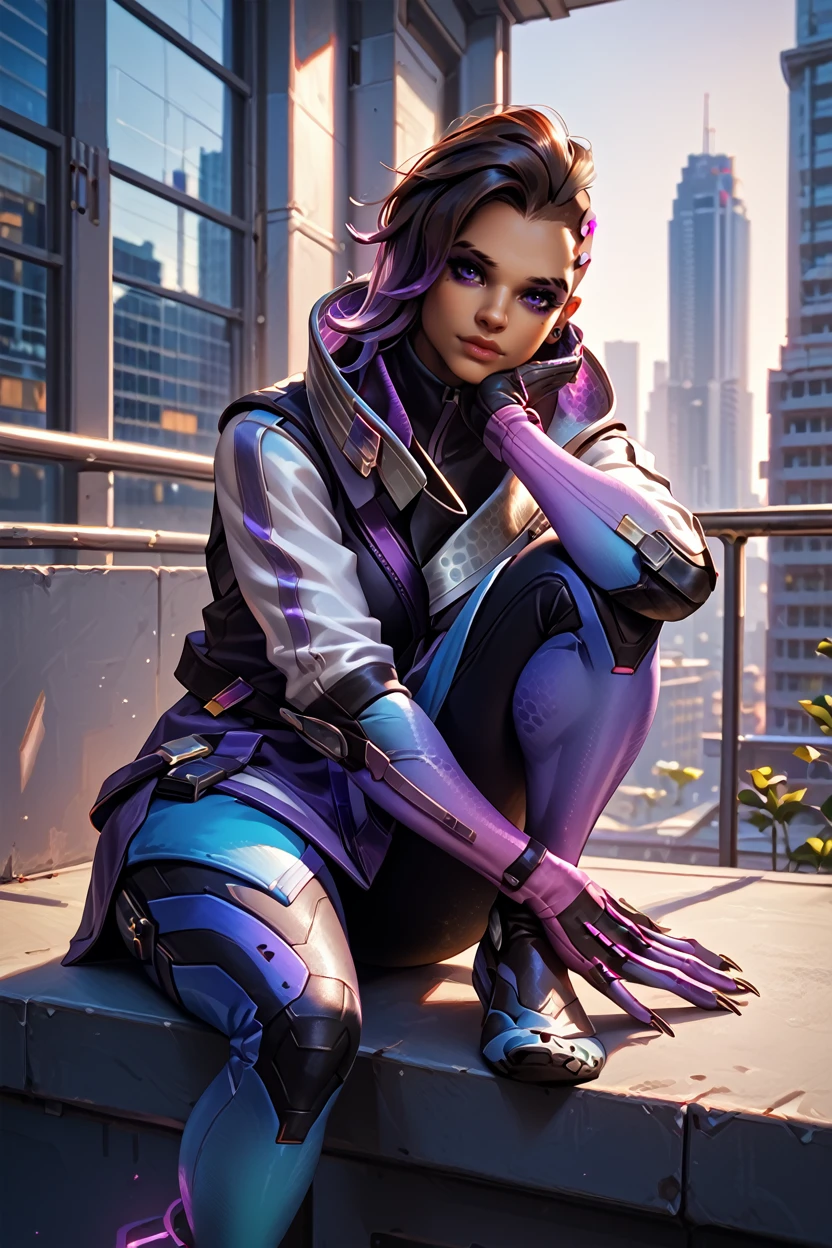 score_9, score_8_up, score_7_up
<lora:OSombra:1.0>
OSombra, 1girl, brown hair, purple eyes, undercut, looking at viewer, sitting on a windowsill, one leg bent, one hand resting on the knee, city skyline at dusk in the background, moody and reflective ambiance