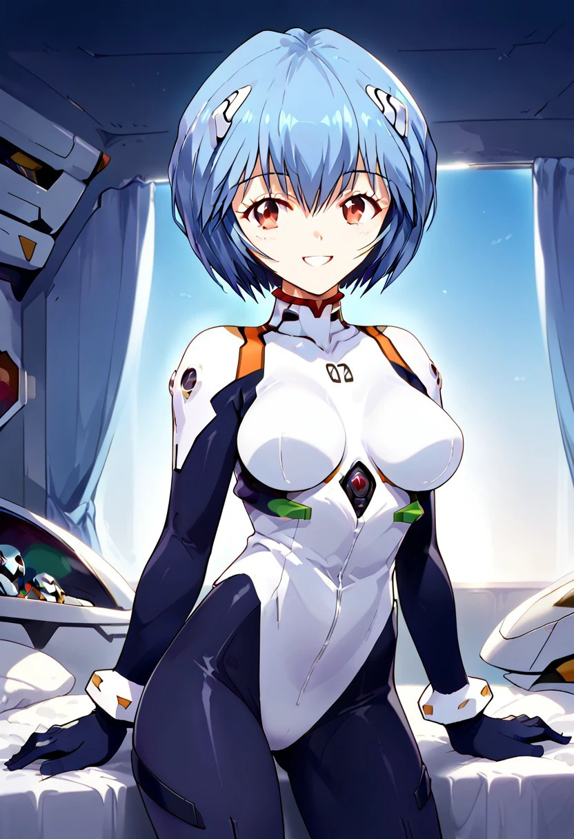 Highest quality, masterpiece, Rei, evangelion, big boobs, very sexy, very beautiful, plugsuit, very silly poses, very happy smile, bedroom, 1girl, Artstyle, short blue hair, red eyes