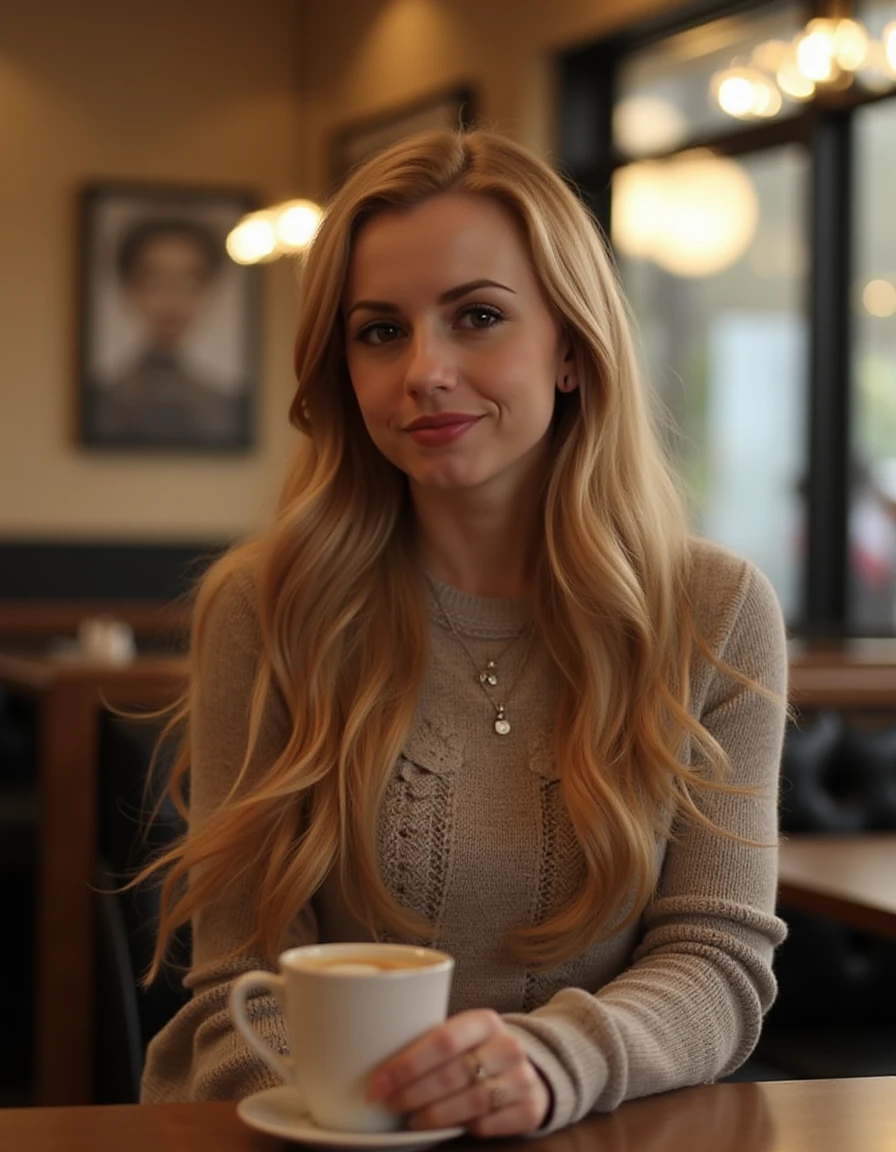 <lora:Lexi_Belle_Flux_r1:1> realistic photo of Lexibelle, long hair, wearing a sweater dress in a cafe having a coffee.