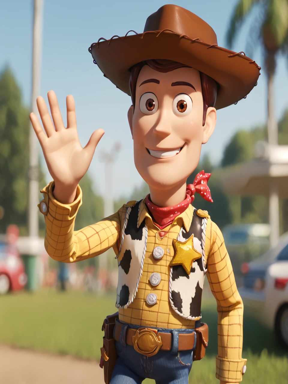 score_9, score_8_up, score_7_up,  score_6_up, BREAK, ToyWoody, solo, 1boy, brown eyes, smile, looking at viewer, brown hair, cowboy hat, vest, yellow shirt, red bandana, jeans, sheriff badge, raise right hand, waving,  <lora:Woody_Sheriff-000009:1>