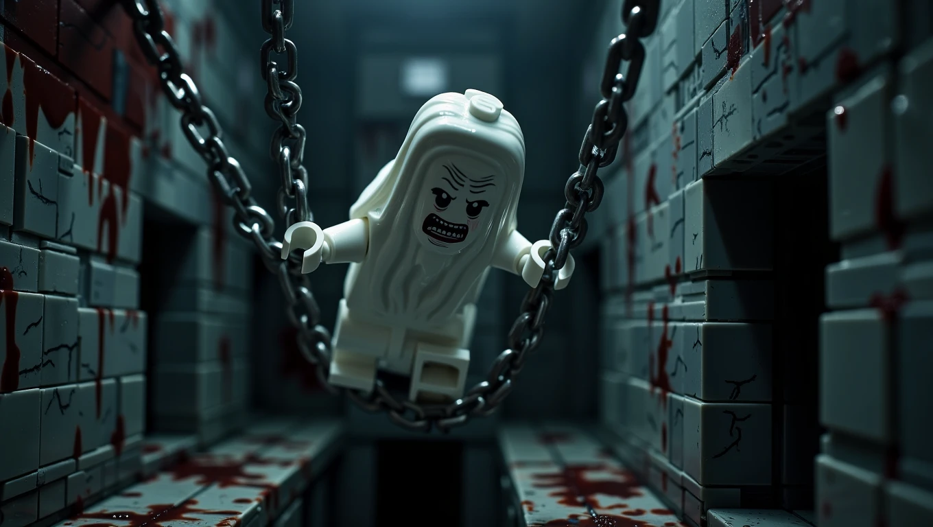 Lego.  A ghostly figure, bound in heavy chains, floats in a dark, abandoned prison cell. The figureâs face is twisted in agony, and the chains rattle ominously as it struggles to break free. The walls of the cell are covered in scratch marks and bloodstains, and the air is thick with the stench of death and despair. The style is haunting and tragic, emphasizing the torment of the bound soul and the oppressive atmosphere of the prison    <lora:Cinematic_Lego:0.6>