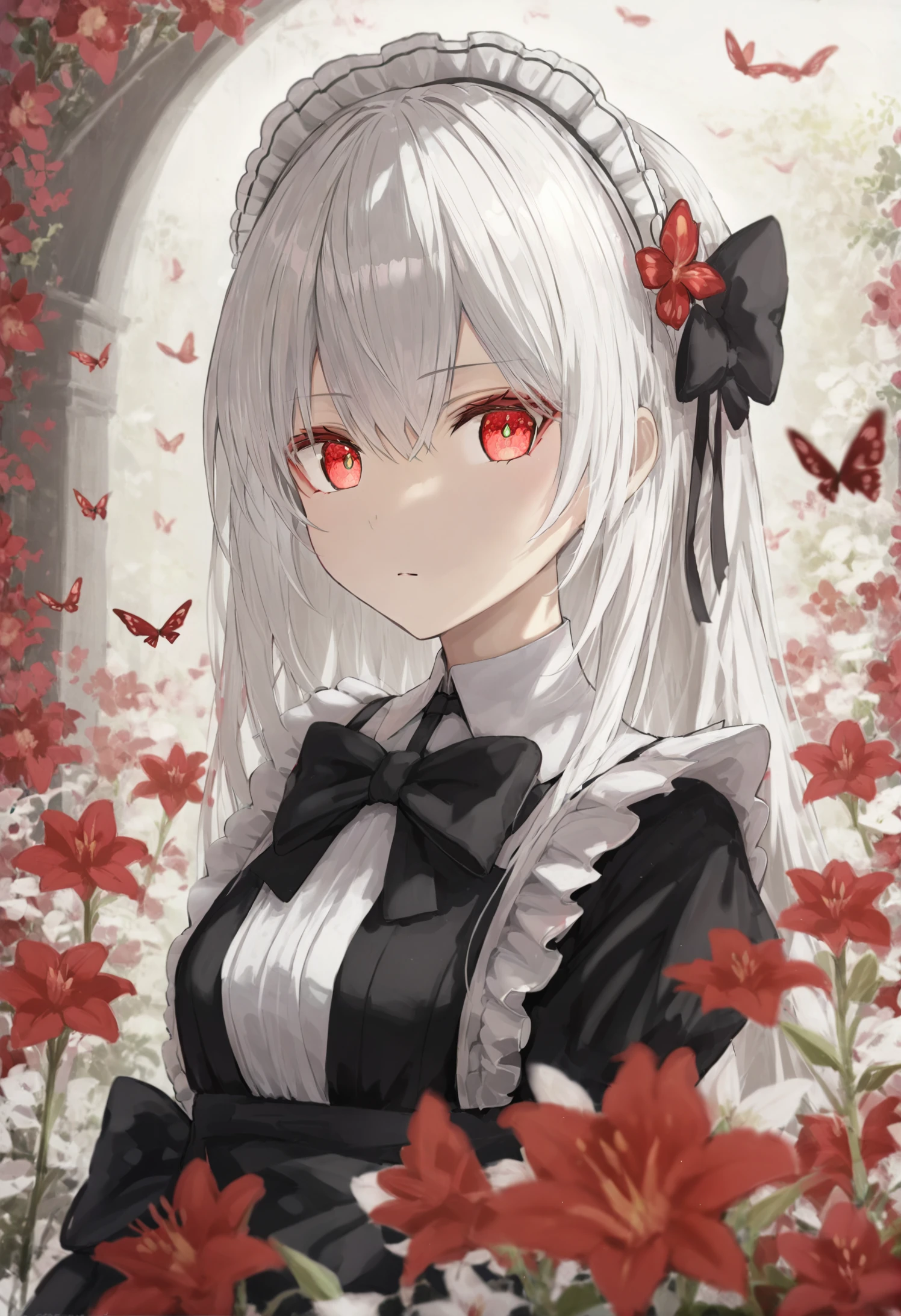 masterpiece, best quality, 1girl, solo, flower, long hair, looking at viewer, white hair, hair between eyes, red eyes, closed mouth, bow, upper body, bug, butterfly, hair bow, maid headdress, black bow, colored eyelashes, red flower, expressionless, ribbon 
 <lora:hidulmeXLlokr4f-000178:0.95>