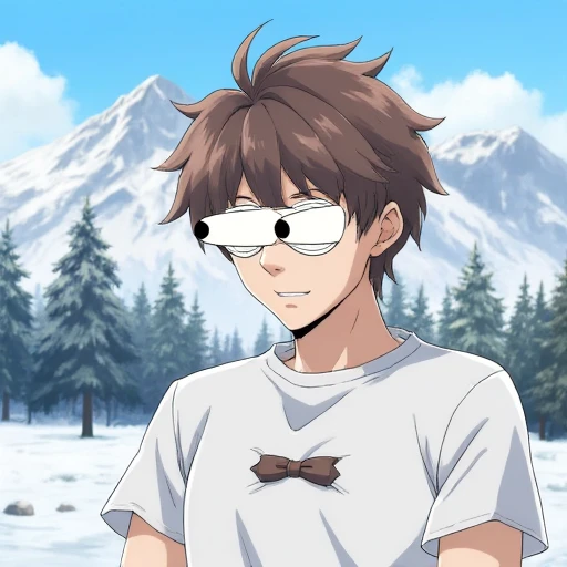 2d,anime,youjo senki,1boy,solo,brown hair,smirk,t-shirt,awooga,outdoors,snow,mountain,cropped,portrait