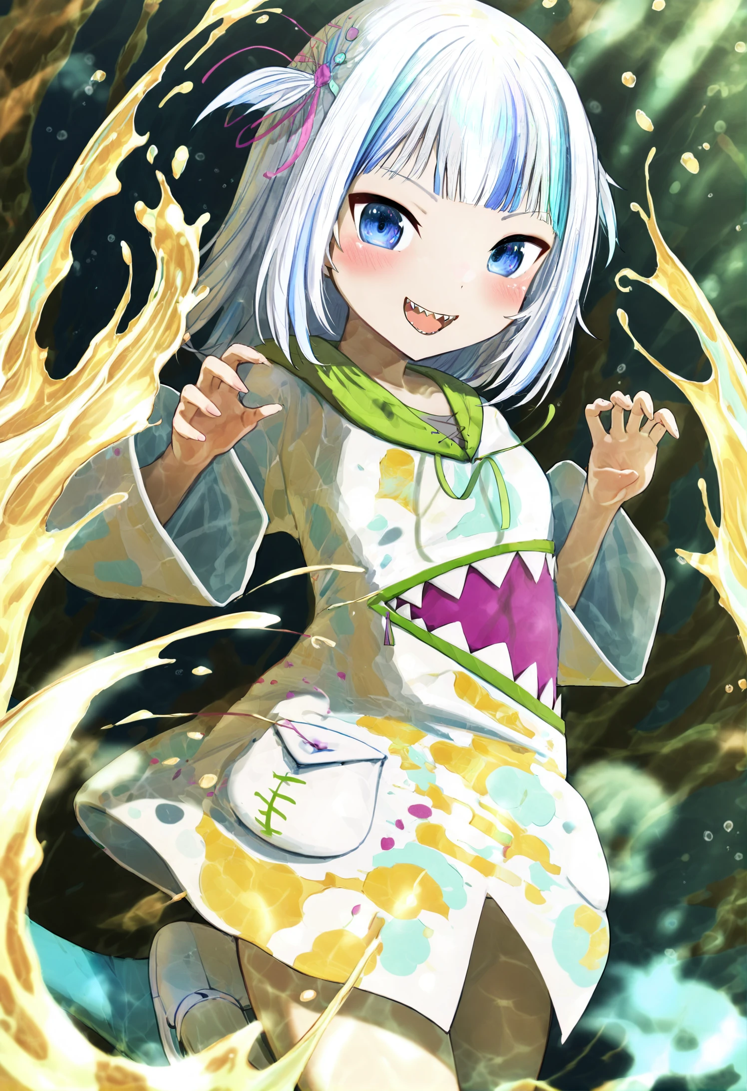 masterpiece, best quality, 1girl, gawr gura, virtual youtuber, blue eyes, teeth, solo, sharp teeth, looking at viewer, multicolored hair, blue hair, streaked hair, smile, open mouth, blush, grey hair, fish tail, hair ornament, shark girl, water, shark tail, claw pose, fins, hood, blunt bangs, :d, tail, two side up, long hair 
 <lora:hidulmeXLlokr4f-000178:0.95>