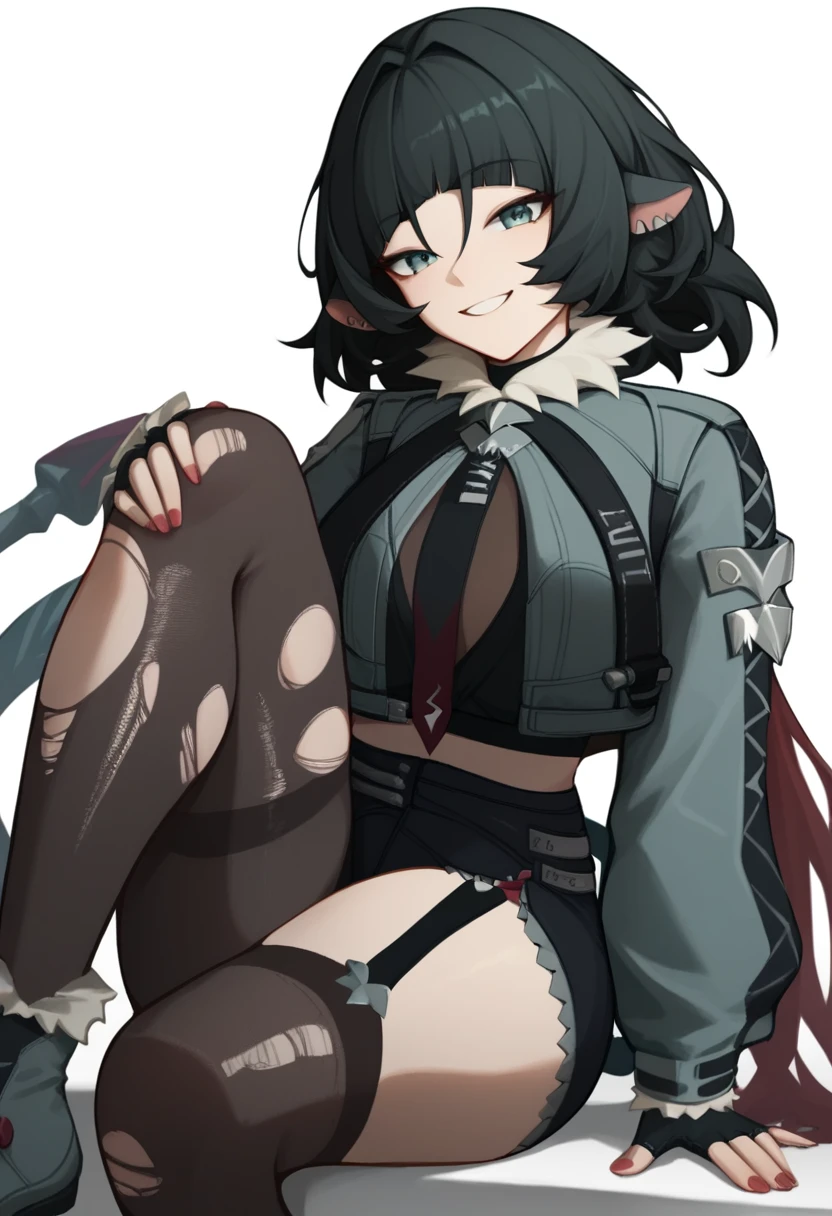 1 girl, high quality, bob hair, black hair, forehead, green eyes, medium breasts, leotard, straps on thighs, thick thighs, simple background, high gloves, stockings, cameltoe, cat tail, cat ears