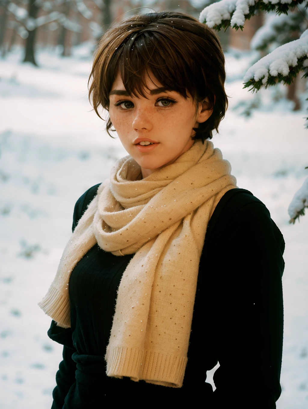 <lora:PE_DianneChandler:1> diannchan8, short hair, 1girl, solo, upper body, outdoors, scarf, depth of field, blurry background, snow, freckles, curly hair, realistic, winter