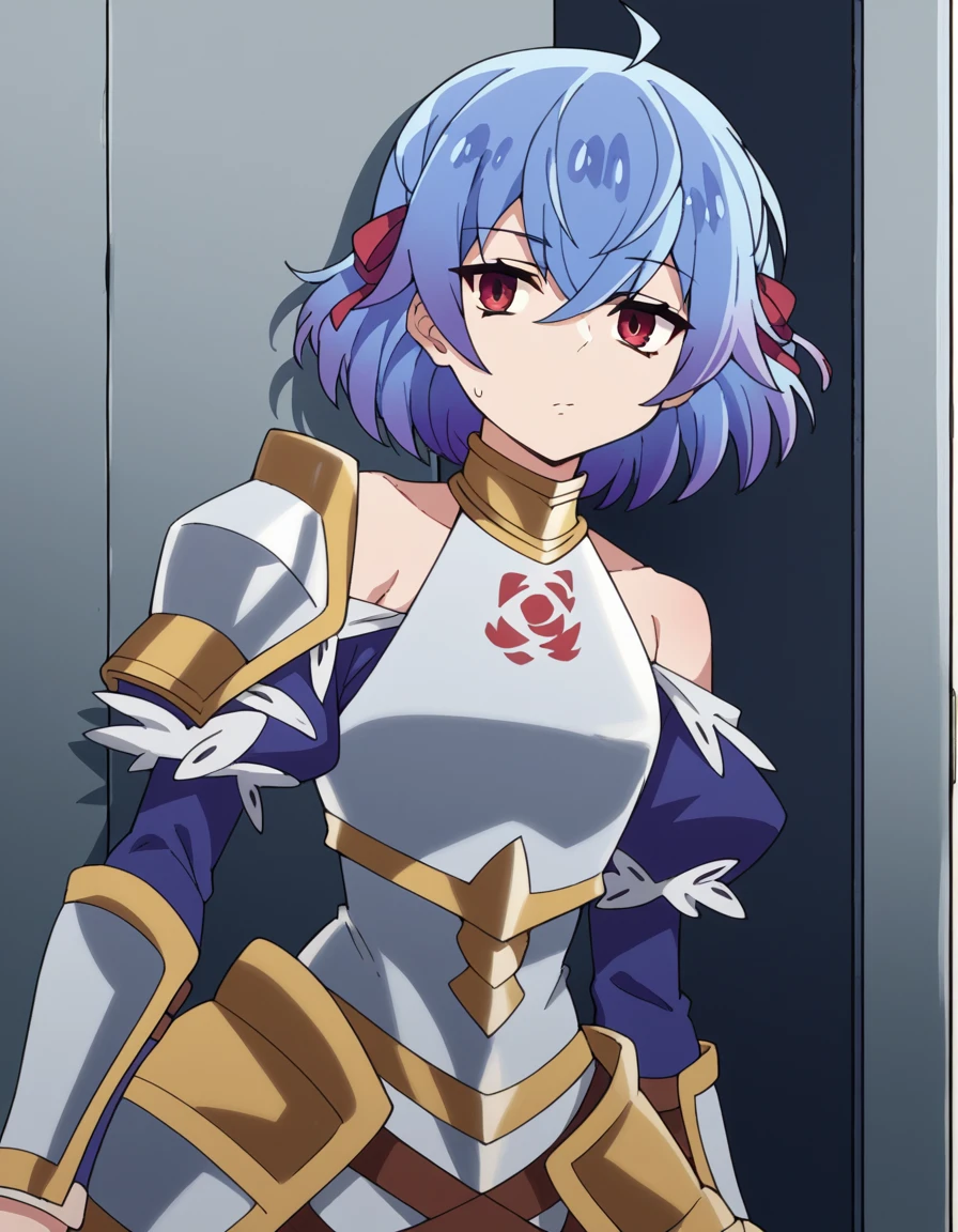 score_9, score_8_up, score_7_up, source_anime, <lora:ruti-ragnason-s1-ponyxl-lora-nochekaiser:1>, ruti ragnason, short hair, red eyes, ribbon, blue hair, hair ribbon, ahoge,, dress, bare shoulders, detached sleeves, armor, breastplate,, bus stop, waiting, commuter, smartphone, checking time, cold morning, , looking at viewer, arm up, foot crossed over, hand clenched, solo,, cowboy shot, dutch angle