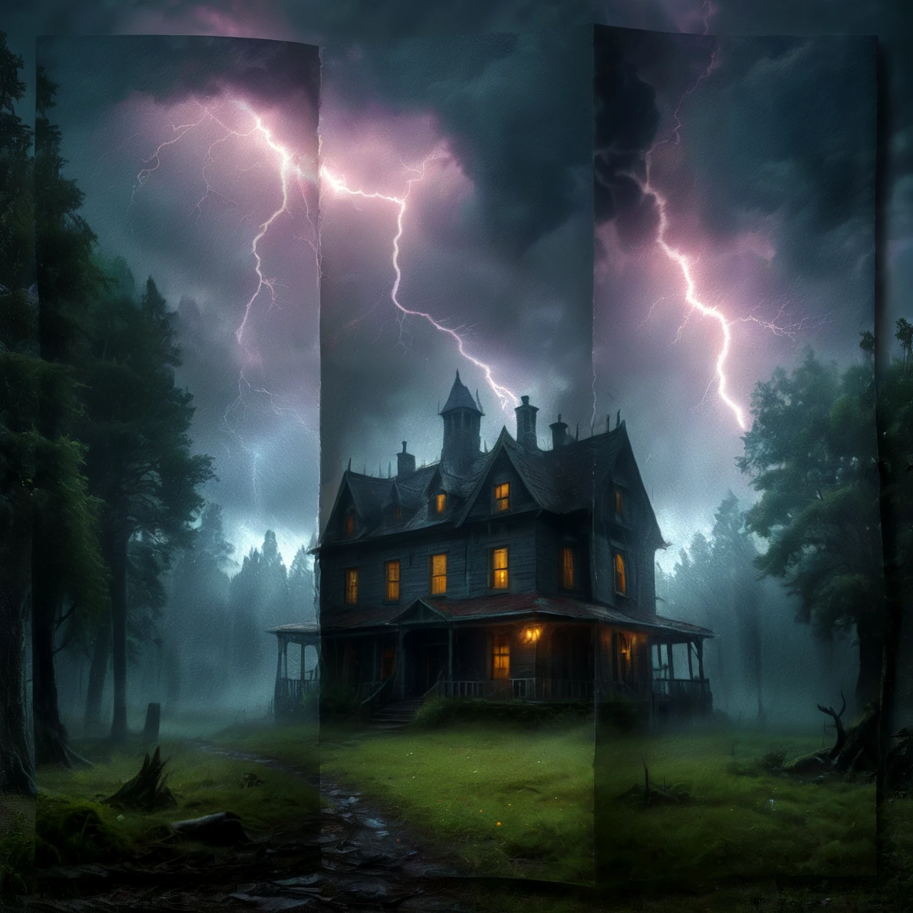 Eerie house in a dark forest. Lightning illuminating the scene.

<lora:Folded01-01_CE_SDXL_128OT:1.2> fldpprCE