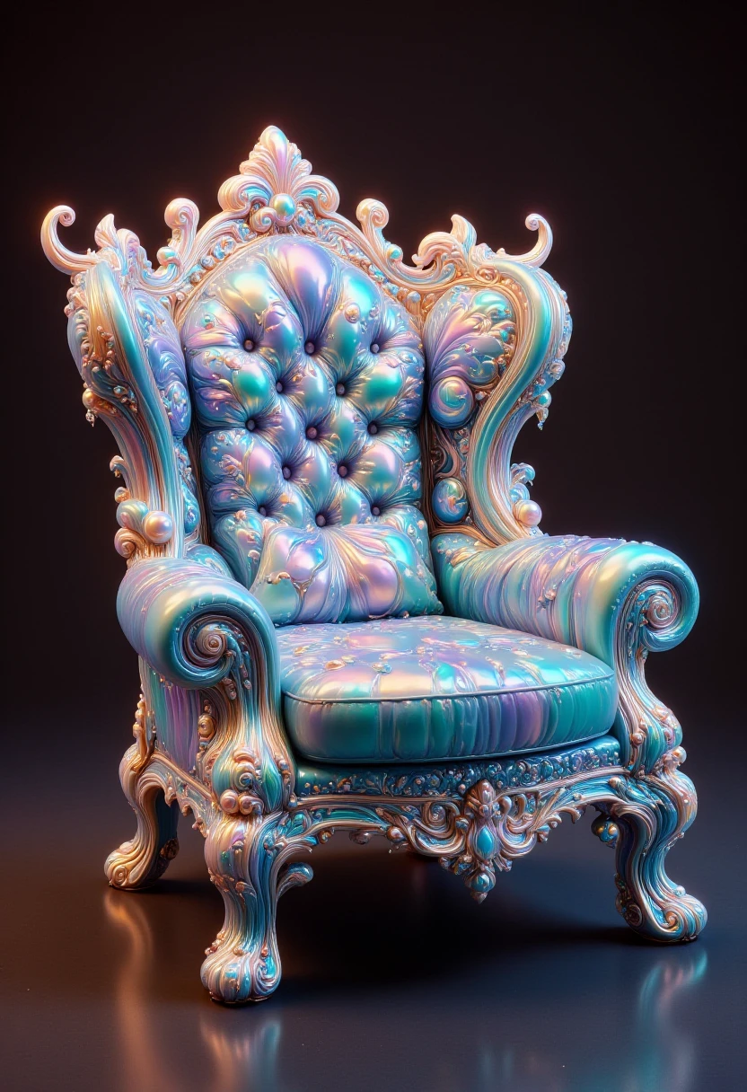 Antsy-pantsy Primordial Wingback chair made out of iridescent jelly, ornate details, side light, 8K, hyperdetailed,