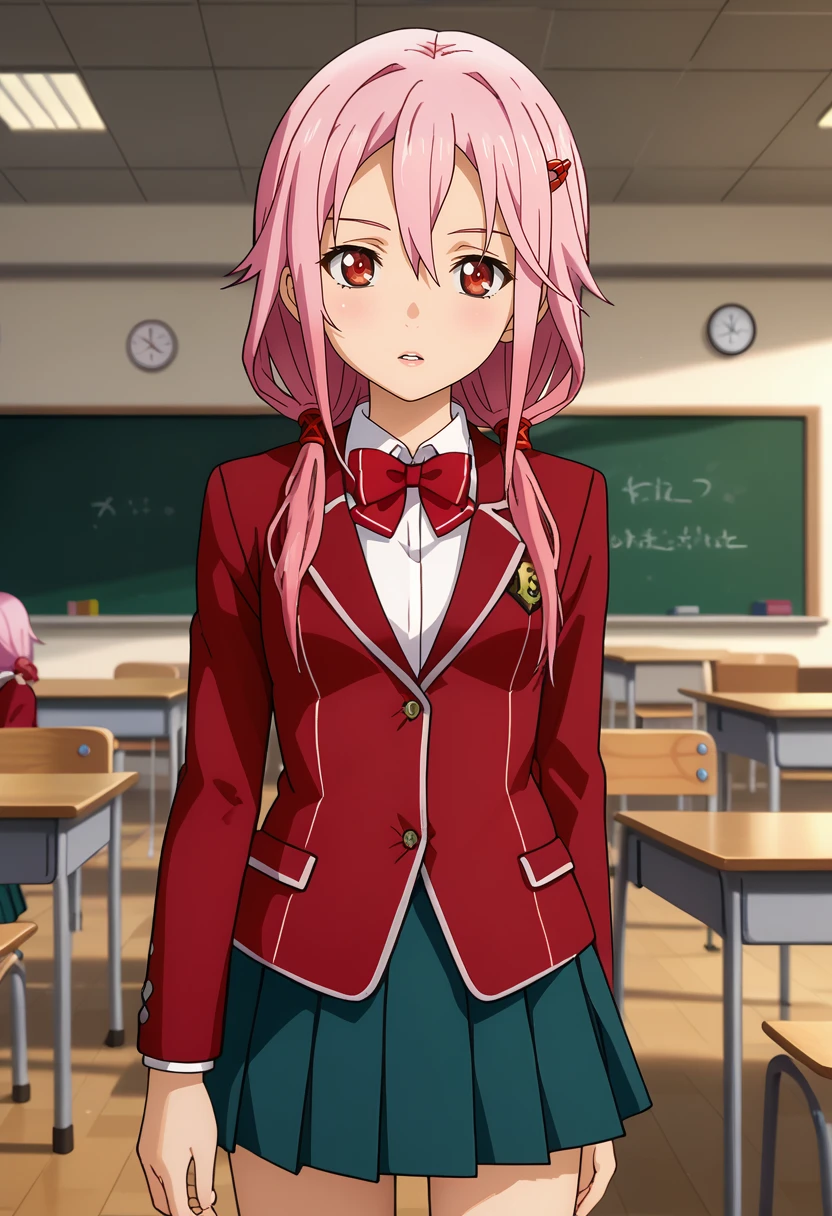 score_7_up, anime screencap,
<lora:GuiltyCrown_YuzurihaInoriXL:0.9>,
1girl, parted lips, head tilt,
long hair, pink hair, low twintails, hair between eyes, red eyes, hair ornament, hairclip,
InoriSchool, blazer, red jacket, red bowtie, pleated skirt, green skirt,
standing, looking at viewer, cowboy shot,
blurry background, classroom