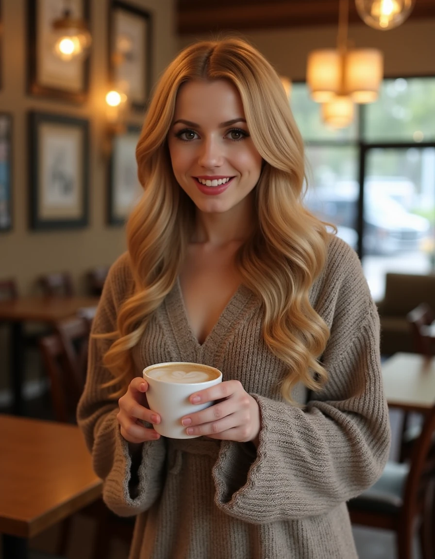 <lora:Lexi_Belle_Flux_r1:1> realistic photo of Lexibelle, long hair, wearing a sweater dress in a cafe having a coffee.