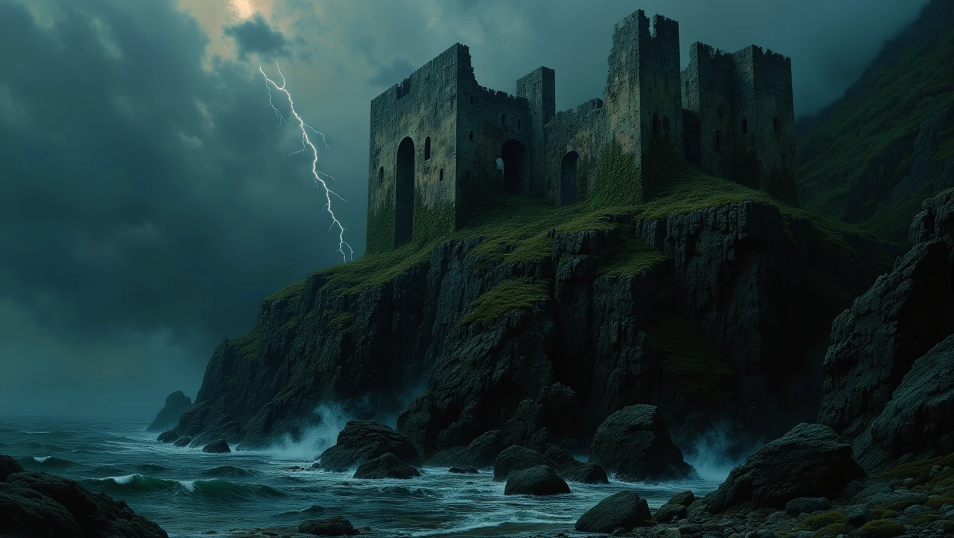 An ancient castle, now in ruins, sits atop a rocky cliff overlooking a stormy sea. The castleâs walls are crumbling, and ivy has overtaken much of the stonework. The sky is dark and overcast, with flashes of lightning illuminating the jagged rocks below. Waves crash violently against the cliff, sending sprays of water high into the air
<lora:Dark_Landscapes:0.8>