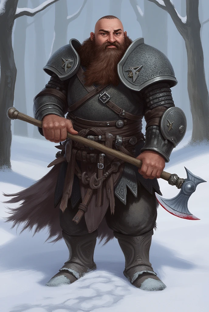 wotr_portrait, 1boy, male focus, dwarf, armor, outside, snow, axe, blood on weapon, realistic, facial hair, beard. holding weapon, full body