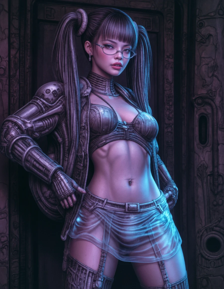 g1ger 1girl, solo, asian, glasses, backpack, translucent neon skirt with black thong underneath, pigtails, neon thigh highs, big tits, eyeliner , nude, 25 years old gorgeous supermodel kpop show ass woman bdsm metal wire arms tied behind back melding with a machine metal and intricately carved twisted alien bone