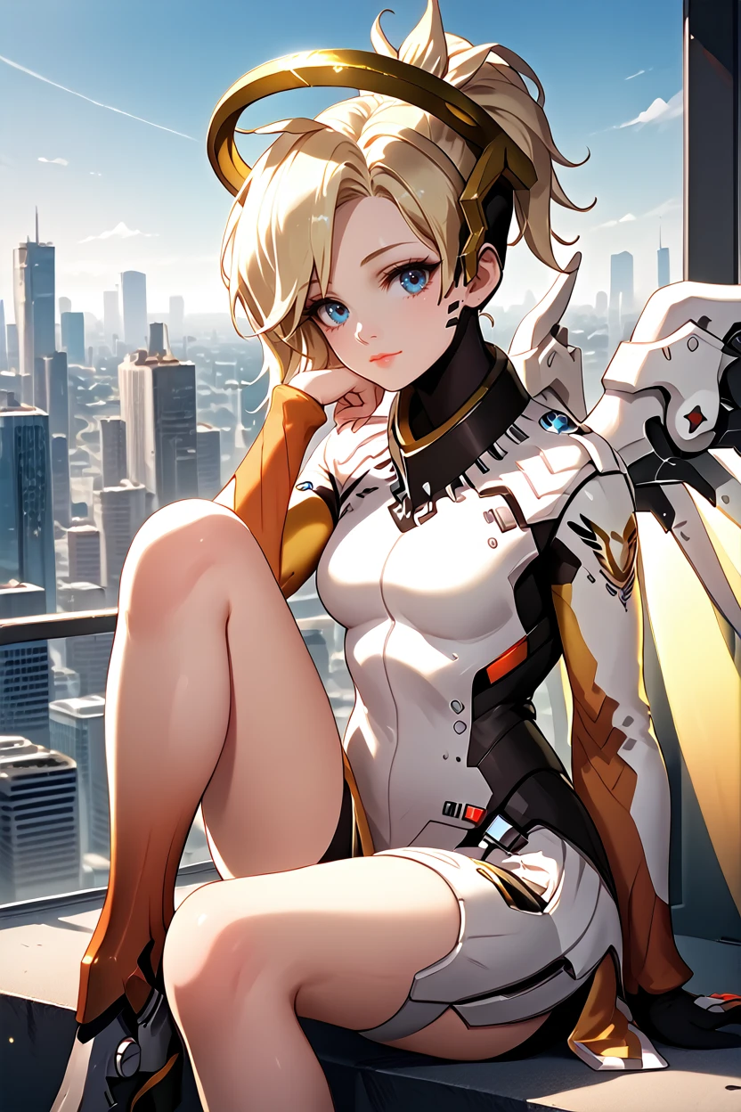 score_9, score_8_up, score_7_up
<lora:OMercy:1.0>
OMercy, 1girl, blonde hair, blue eyes, mechanical halo, mechanical wings, looking at viewer, sitting on a windowsill, one leg bent, one hand resting on the knee, city skyline at dusk in the background, moody and reflective ambiance