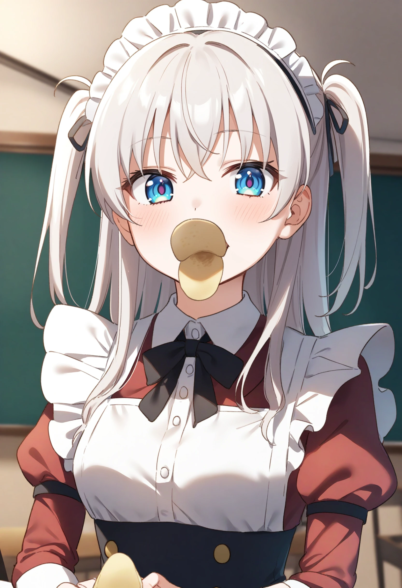 1girl,sincos, ningen mame, toosaka asagi,solo,medium breasts,20yo,maid,maid headdress,
pringle duck, potato chips, mouth hold, food in mouth, eating, <lora:pringleduck_XL_v1:0.7>
ceiling, upper body, looking at viewer, white hair, blue eyes,light smile, home economics room, closed mouth, two side up hair,,
best quality, very aesthetic, absurdres