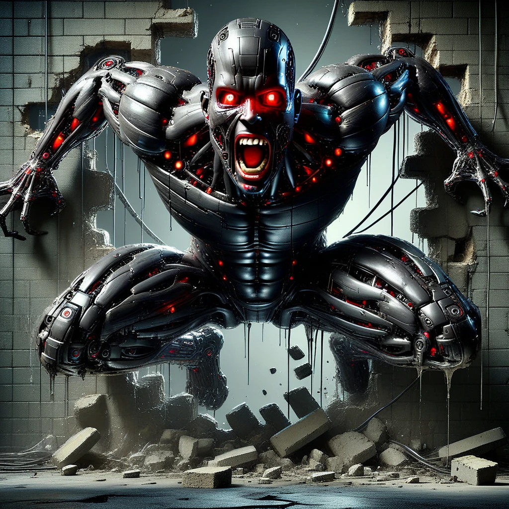 humanoid robot, 1boy, synthetic skin, exposed muscles, breaking through a concrete wall, dynamic pose, male focus, robot joints, dripping oil, grease, hyper-realistic, full body in frame, intricate mechanical components, solo, no humans present, bald head, glowing red eyes, intense expression, wide open mouth, visible teeth, extra arms, three mechanical arms, three hands, detailed mechanical fingers, mechanical legs, mechanical feet, barefoot, glowing red accents, scattered rubble, debris from wall, thick cables hanging, industrial setting, dark and gritty atmosphere, horror theme, cinematic lighting, high detail, immersive realism