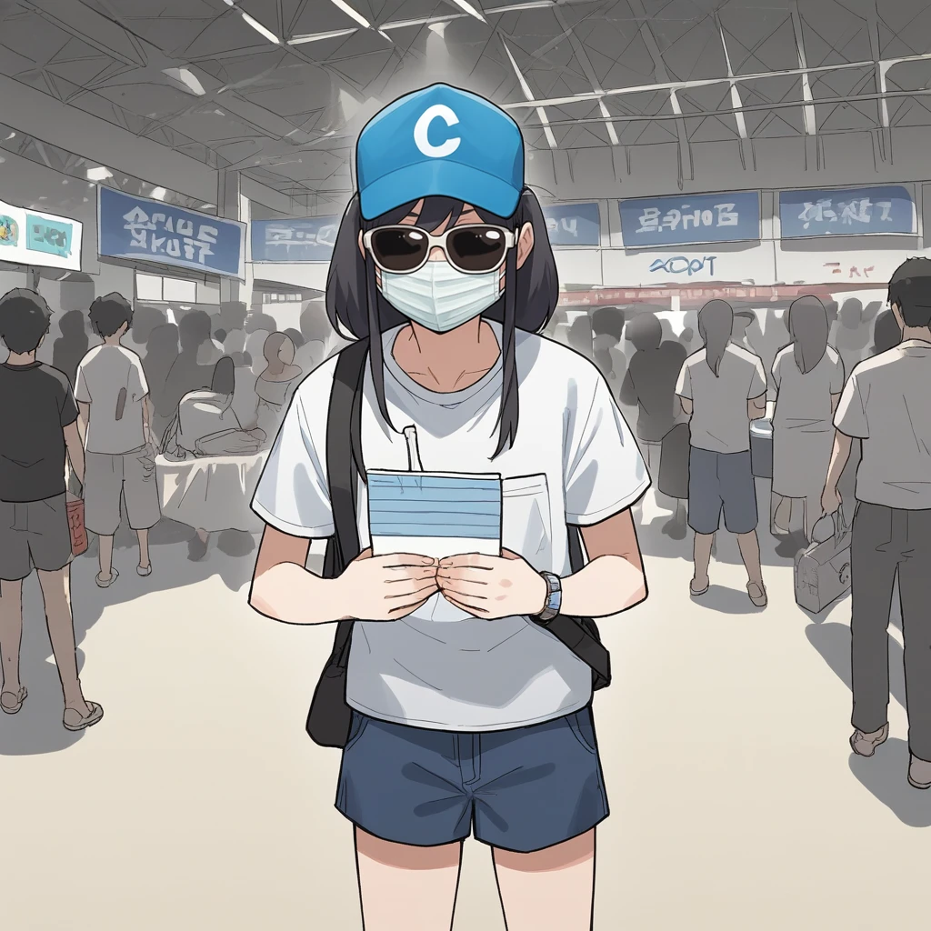 score_9, score_8_up, score_7_up, score_6_up, score_5_up, score_4_up, zPDXL2,source_anime,rating_questionable,cowboy shot,1boy, sunglasses, surgical mask, cap, merch,<lora:Comic_Convention:0.8> c0.8miccon, comic convention, crowd, indoors, skylight