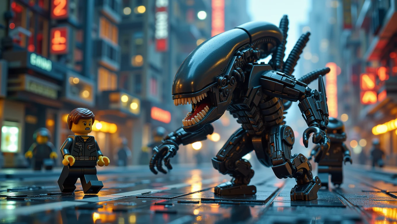 a Lego Xenomorph is running against men in a futuristic city    <lora:Cinematic_Lego:0.6>