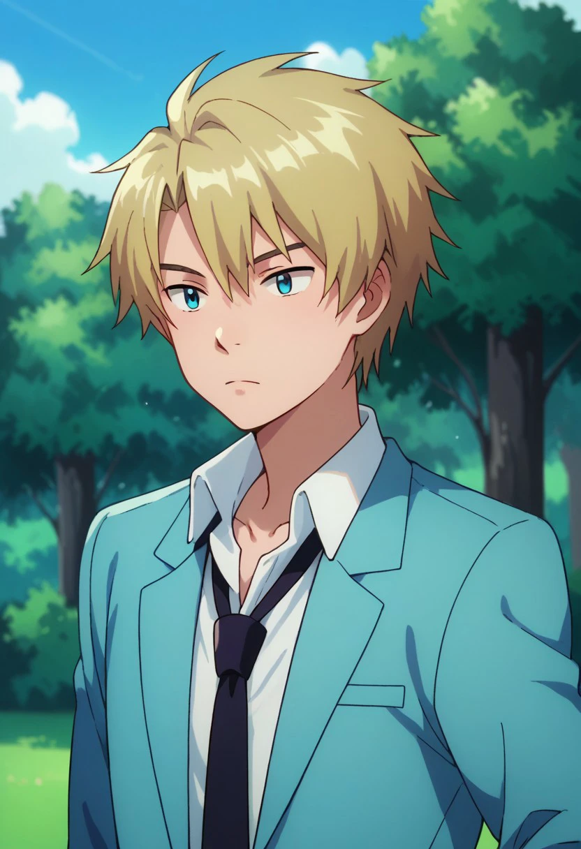 score_9, score_8_up, score_7_up, source_anime, highly detailed, 
yamatri, 1boy, male focus, school uniform, solo, necktie, blonde hair, tree, day, sky, jacket, blazer, blue jacket,
shirt, white shirt,  collared shirt, upper body,