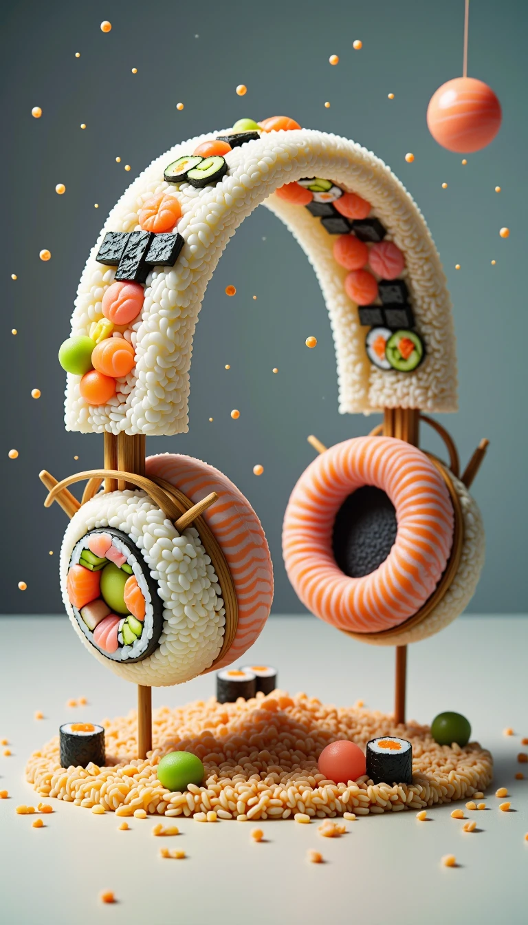 <lora:SushiStyleFlux:1>Made out of sushi, a SushiStyle headphones on an empty surface, in quantum city