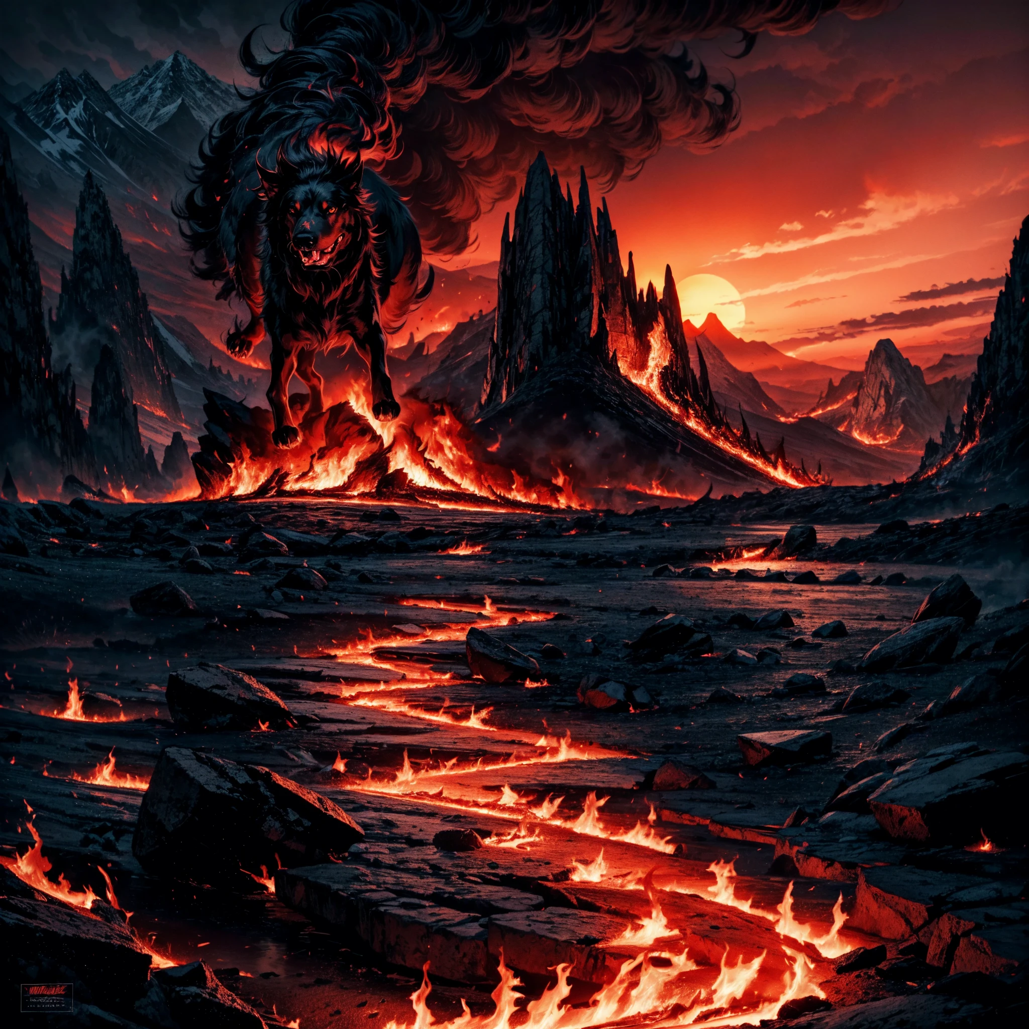 hellhound, on fire, (a hellhound: 1.1), (is patrolling through the elemental plane of fire: 1.1), red theme, setting sun, cloudy sky, red clouds, red smoke, black craggy mountains, <lora:fireperfectworld:0.8>, elementalplanefire, <lora:more_details:0.6>, high quality, highres, masterpiece, best quality, 8k, intricate, detailed, <lora:add_detail:0.6>, very detailed