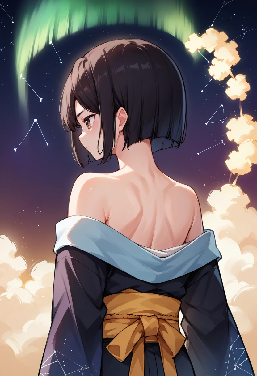 score_9, score_8_up, source_anime, 1girl, solo, YamadaSanae, black hair, brown eyes, short hair, aurora, back, bare back, bare shoulders, constellation, from behind, kimono, light particles, long sleeves, off shoulder, <lora:ChamYamadaSanaePonyXL:1>