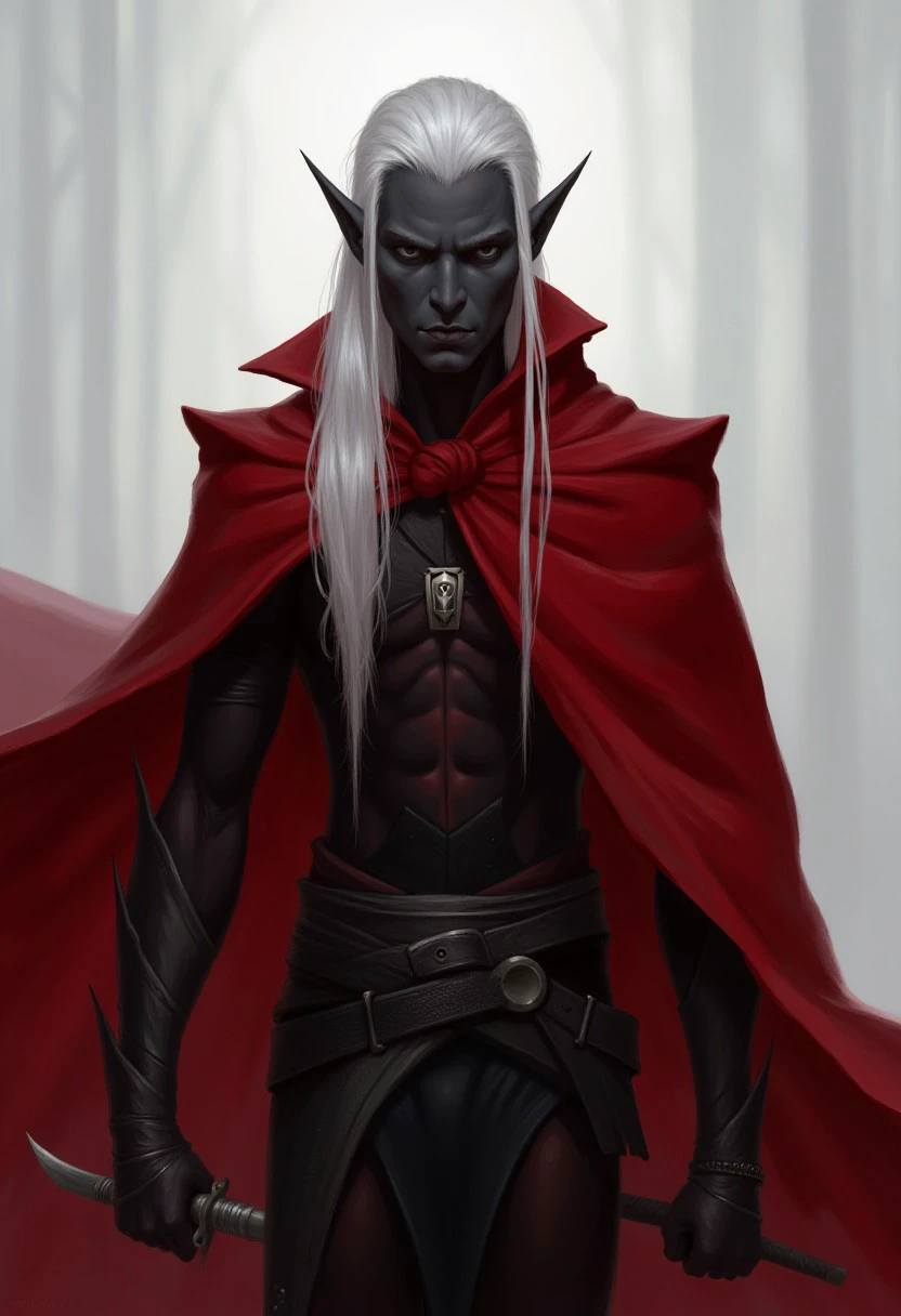 professional 2d illustration of elf man,  drow, black skin, long sliver hair, rogue, red cape