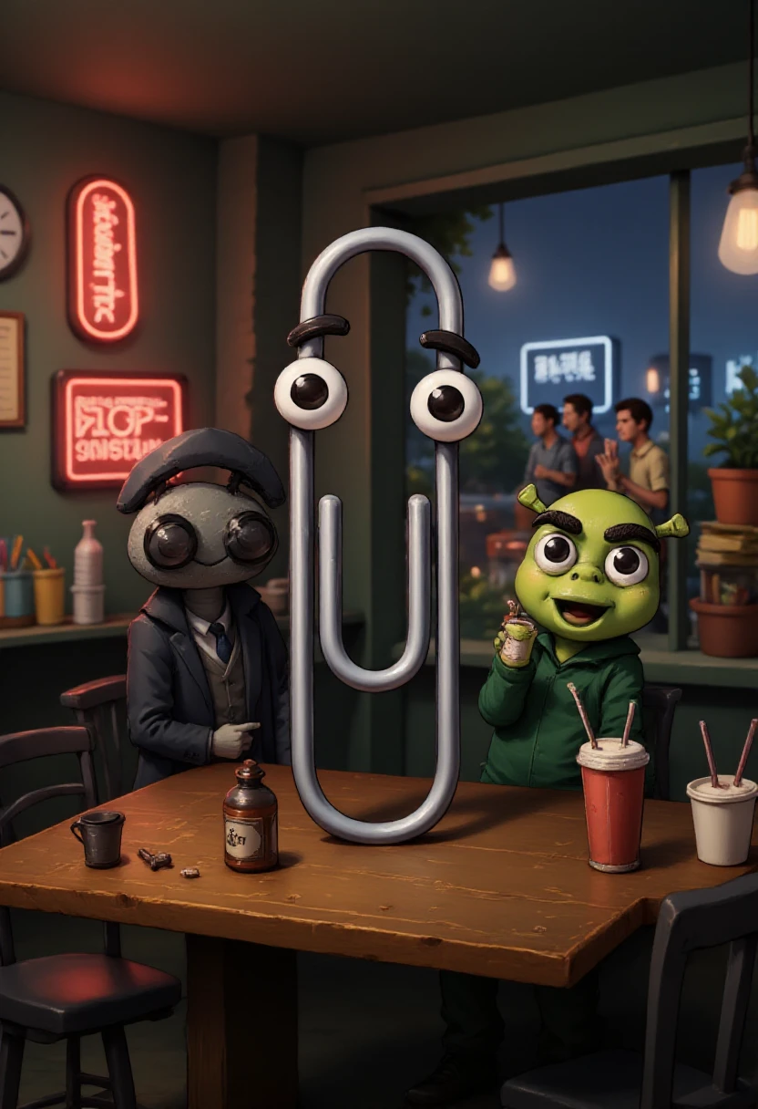 clippy at a pub. He is hanging out with Shrek and a black Xenomorph.     