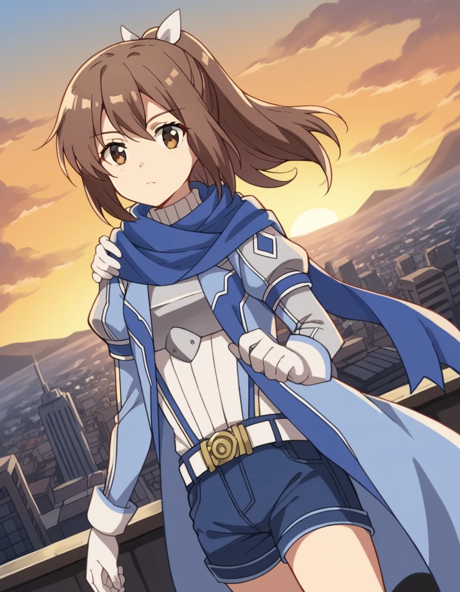 score_9, score_8_up, score_7_up, source_anime, <lora:bofuri-sally-s2-ponyxl-lora-nochekaiser:1>, sally, long hair, brown hair, brown eyes, ribbon, hair ribbon, ponytail,, gloves, shorts, scarf, blue scarf, shirt, white shirt, puffy sleeves, long sleeves, belt, denim shorts,, rooftop, sunset, cityscape, quiet moment, wind blowing, contemplative, , looking at viewer, foot forward, hand on shoulder, elbow out, solo,, cowboy shot, dutch angle