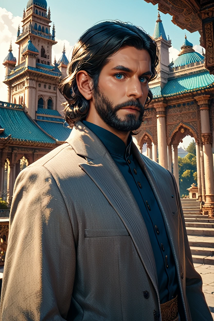 score_9, score_8_up, score_7_up, score_6_up
<lora:AWAlan:1.0>
AWAlan, 1boy, black hair, beard, blue eyes, looking at viewer, wearing a traditional Indian sherwani, standing in front of a grand palace, intricate architecture, vibrant colors, regal and composed, warm evening light