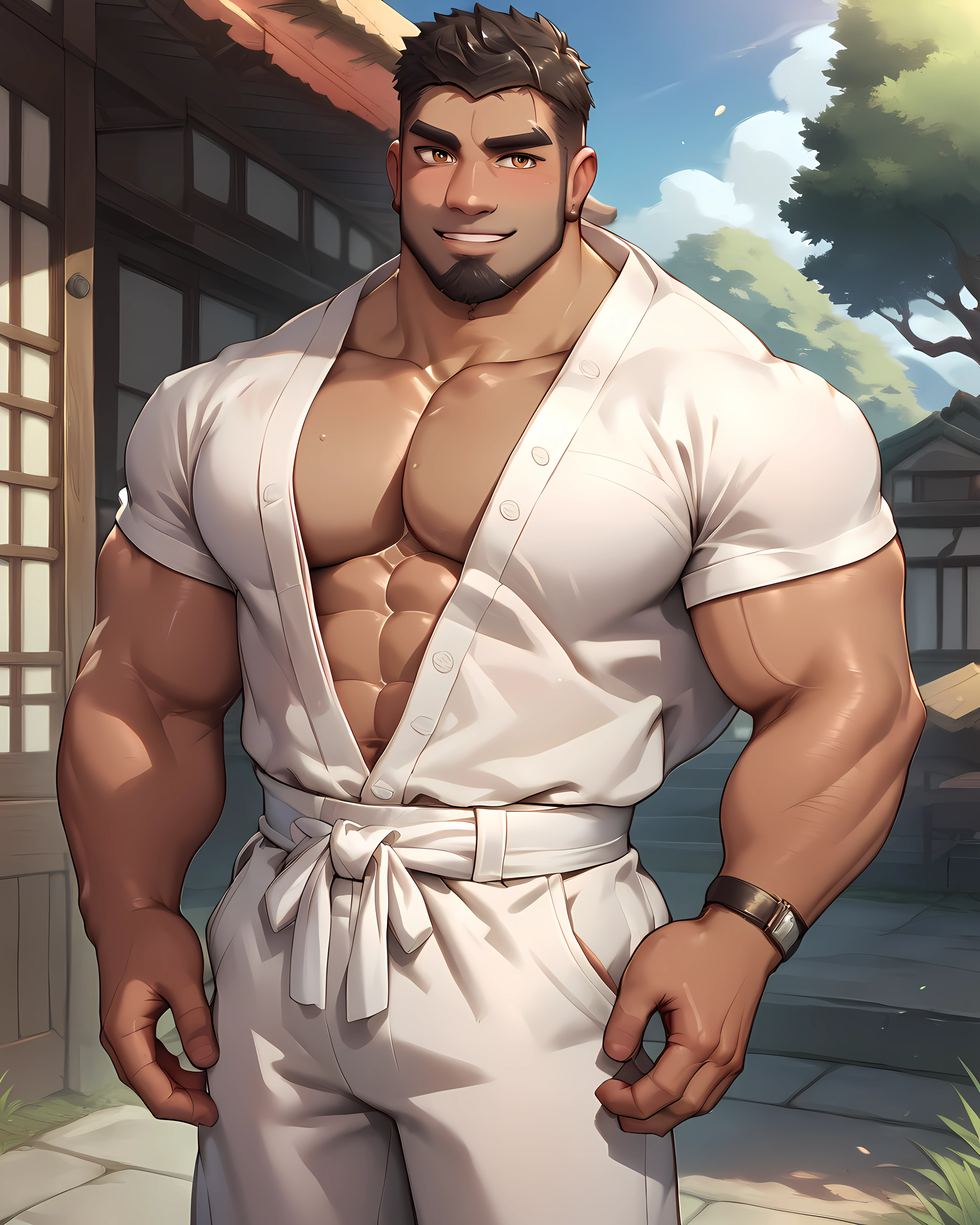 <lora:Dom_Santiago_PonyXL-10:0.93> dom_santiago, dark skin, muscular, beard, yukata, outdoor, old japanese town, standing, bara, daytime, score_9, score_8_up, score_7_up, score_6_up,