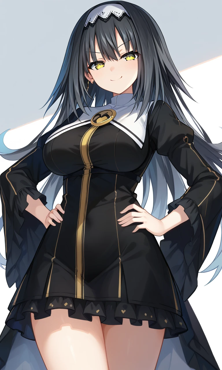 score_9, score_8_up, score_7_up, score_6_up, source_anime,arusu marina,yellow eyes,black hair with white strands,black sleeves,black outfit,white headband,jewelry,large breasts,smiling,smug,haughty,hands on own hips,