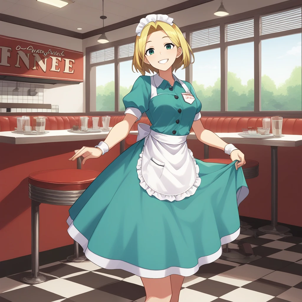 score_9, score_8_up, score_7_up, score_6_up, score_5_up, score_4_up, zPDXL2,source_anime,rating_questionable, cowboy shot,smile, looking at viewer, 1girl , waitress, teal dress, apron, <lora:Diner:0.8> d1ner, indoors, table, checkered floor, red booth chair, window