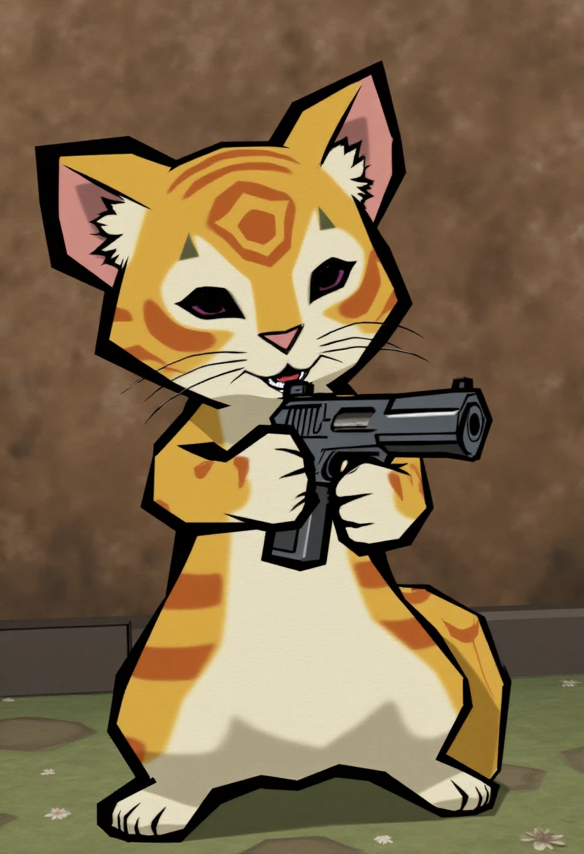 okamistyle, a cat aiming a pistol at the viewer.