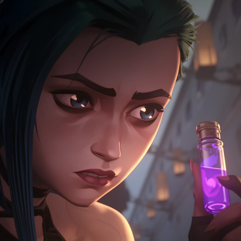 A closeup of Jinx inspecting a glowing vial of purple liquid, curioiusly looking down at it with her brows furrowed.  Her blue bangs fall to frame her face and she has dark eyeliner and lip gloss.  Chem lit zaun buildings line the street in the background.