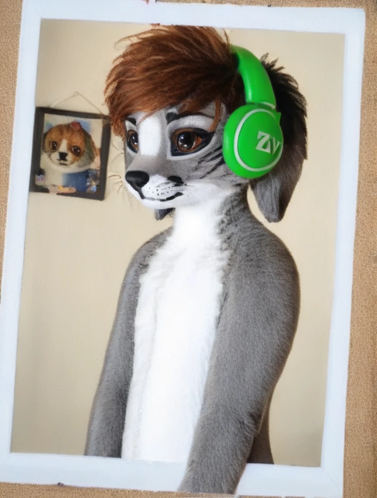 blackydee, zotiel, youtuber, furry, tomboy, grey fur, brown eyes, short hair, brown hair, 2 tails, 2tails, green headphones, <lora:Zotiel_Kid_Pony:1>, (detailed_fur:1), fur_body, raw, (((realistic))) photo, masterpiece, highest quality, analog photo, (detailed face and eyes:1.1), professional analog photo, professional photo, 4k,, (naked), nude,, nipples, pussy,, solo,