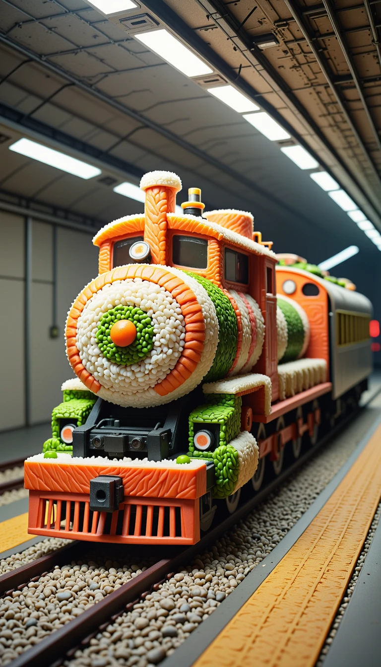 <lora:SushiStyleFlux:1>Made out of sushi, a SushiStyle locomotive train, in  underground bunker