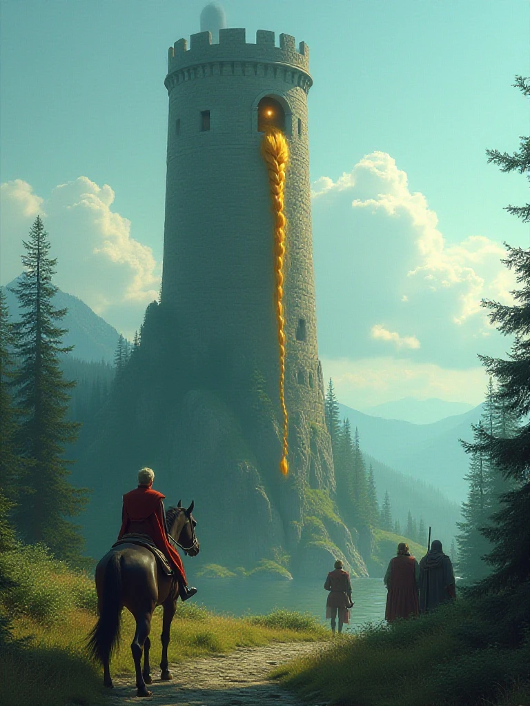 A lonely tower rising high above the surrounding forest, with a single window at the top. A long braid of golden hair cascades down from the window, swaying gently in the breeze. A brave prince on horseback gazes up at the tower, preparing to climb, while a small group of his loyal companions waits nearby, whispering and strategizing their next move. , xplus  <lora:XPlus_fairy_v1:1>